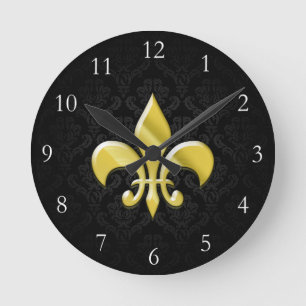 Black/Gold Damask Fleur de Lis Round Clock