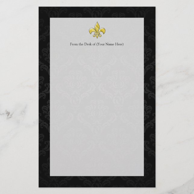 Black/Gold Damask Fleur de Lis Stationery (Front)