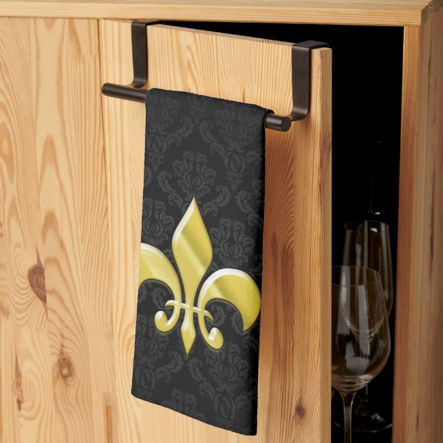 Black/Gold Damask Fleur de Lis Towel (Thirds Fold)