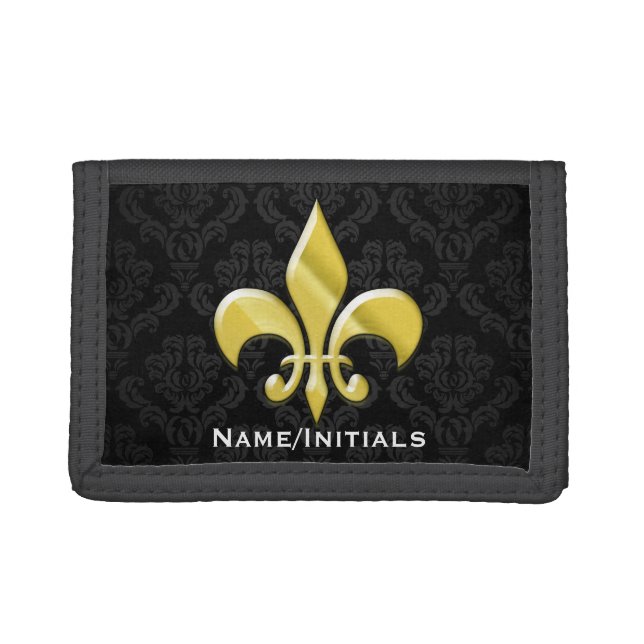 Black/Gold Damask Fleur de Lis Tri-fold Wallet (Front)