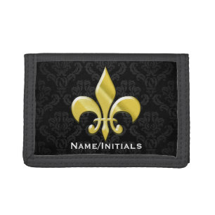 Black/Gold Damask Fleur de Lis Trifold Wallet