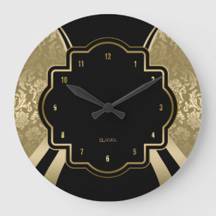 Black & Gold Damask Geometric Design Large Clock