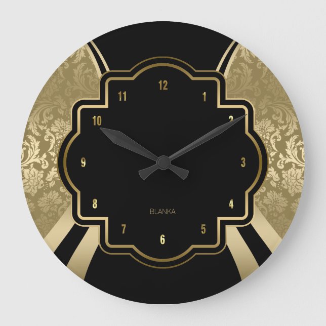 Black & Gold Damask Geometric Design Large Clock (Front)