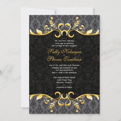 Black  Gold Damask Grandeur Invitation