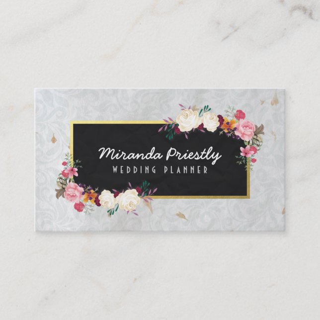 Black Gold Damask Handmade Paper Wedding Planner Business Card (Front)