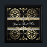 Black Gold Damask Keepsake Gift Box<br><div class="desc">Elegant black and gold damask jewelry box. Add your own text to personalize. This is a printded designw ith no real foinl,  jewels,  etc.</div>