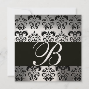 BLACK & GOLD DAMASK MONOGRAM  moonstone Invitation