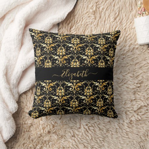 Black gold damask pattern glam name throw pillow