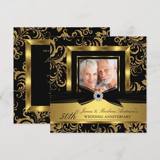 Black Gold Damask Photo 50th Wedding Anniversary Invitation (Front/Back)