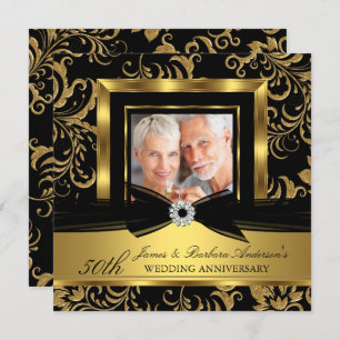 Black Gold Damask Photo 50th Wedding Anniversary Invitation