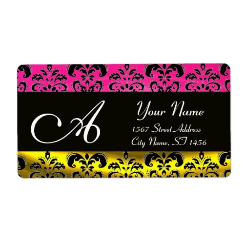 BLACK GOLD DAMASK PINK FUCHSIA  AMETHYST MONOGRAM LABEL