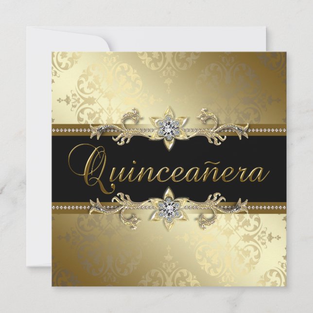 Black Gold Damask Quinceanera Invitation (Front)