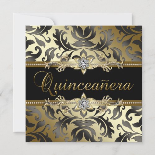 Black Gold Damask Quinceanera Invitations