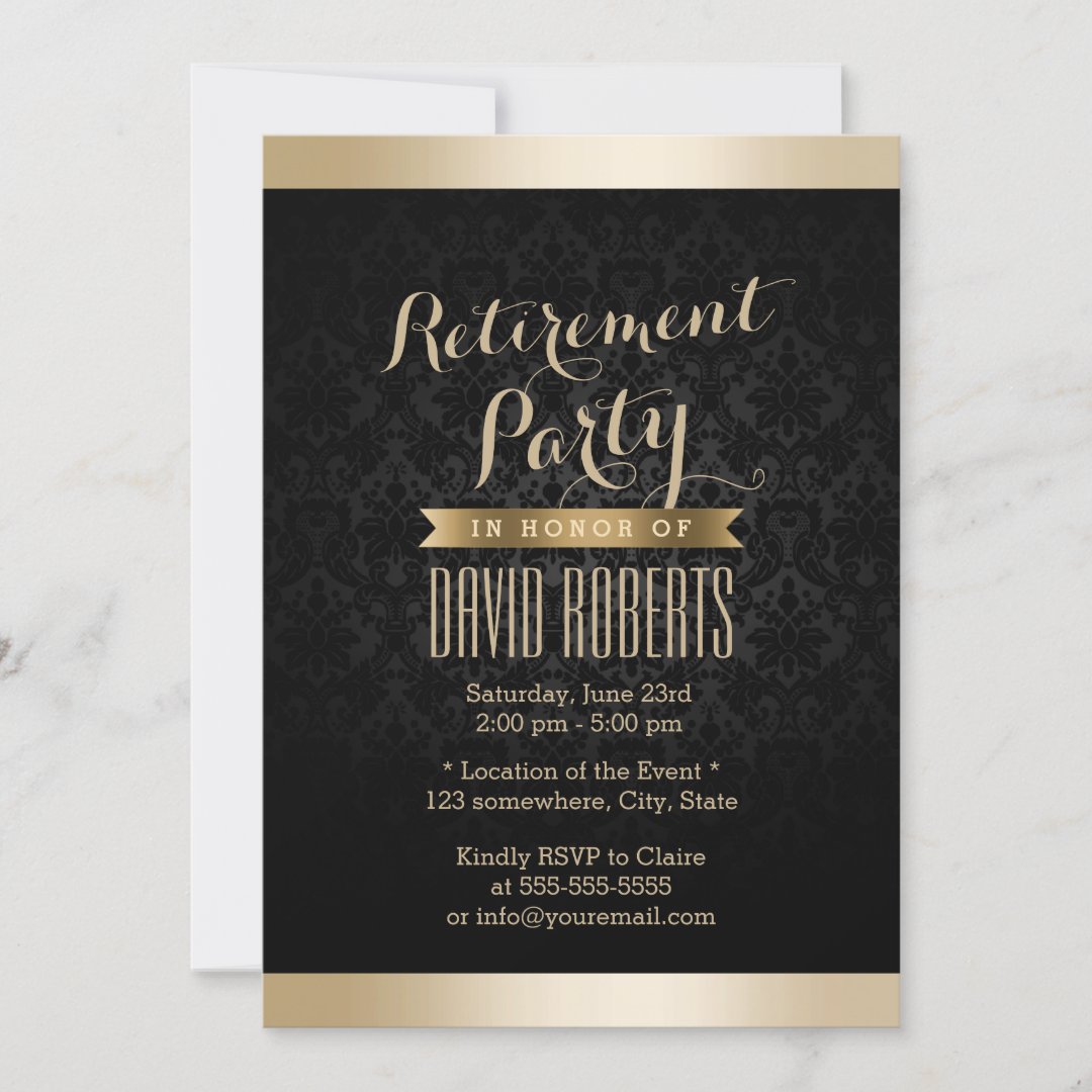 Black & Gold Damask Retirement Party Invitations | Zazzle