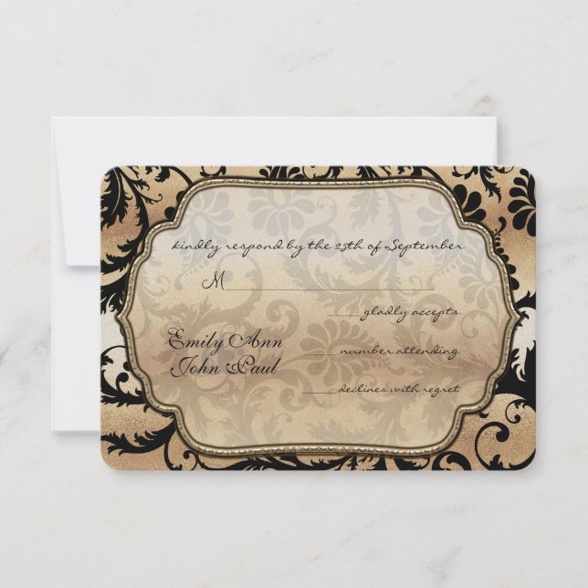 Black & Gold Damask Swirls Wedding RSVP (Front)