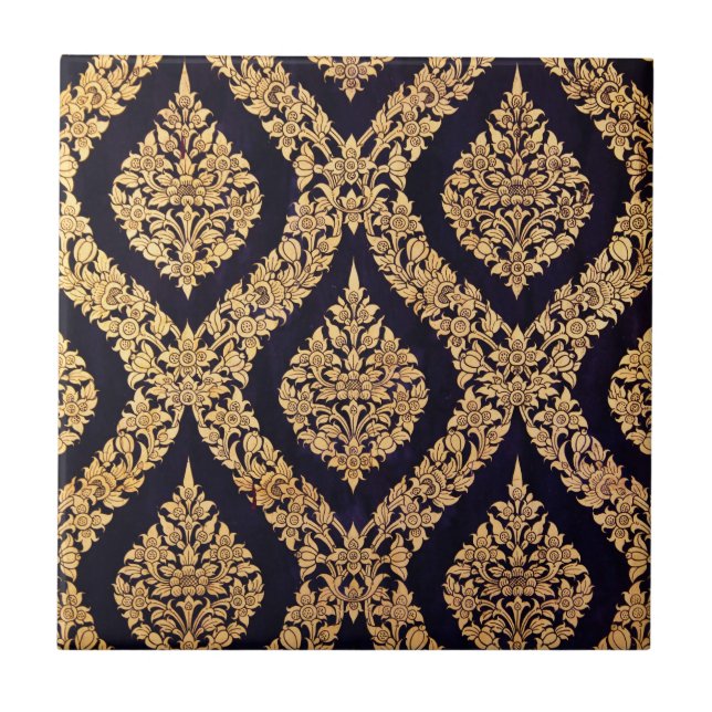 Black & Gold Damask Traditional Contemporary Print Ceramic Tile (Front)