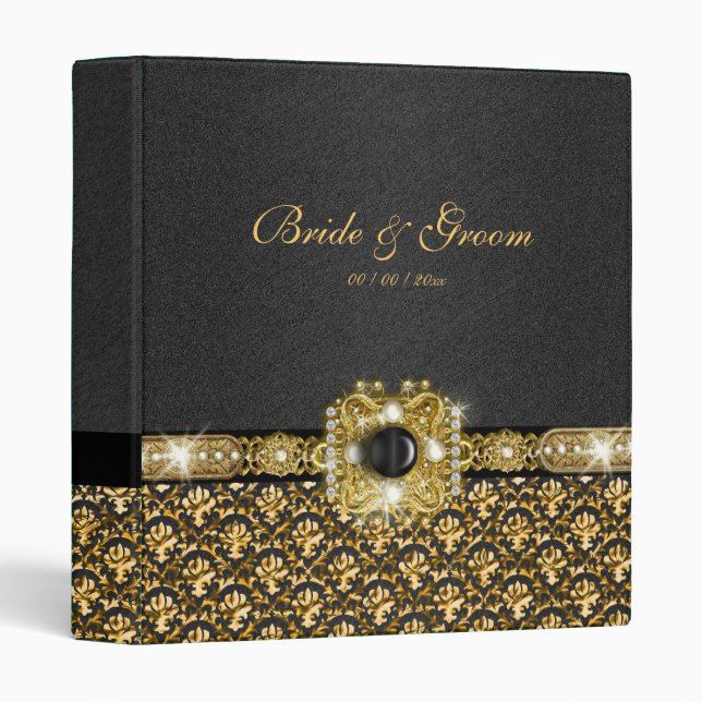 Black gold damask wedding 3 ring binder (Front/Spine)