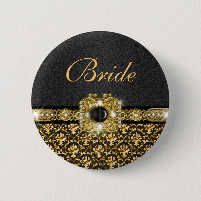 Black gold damask wedding bride button (Front)