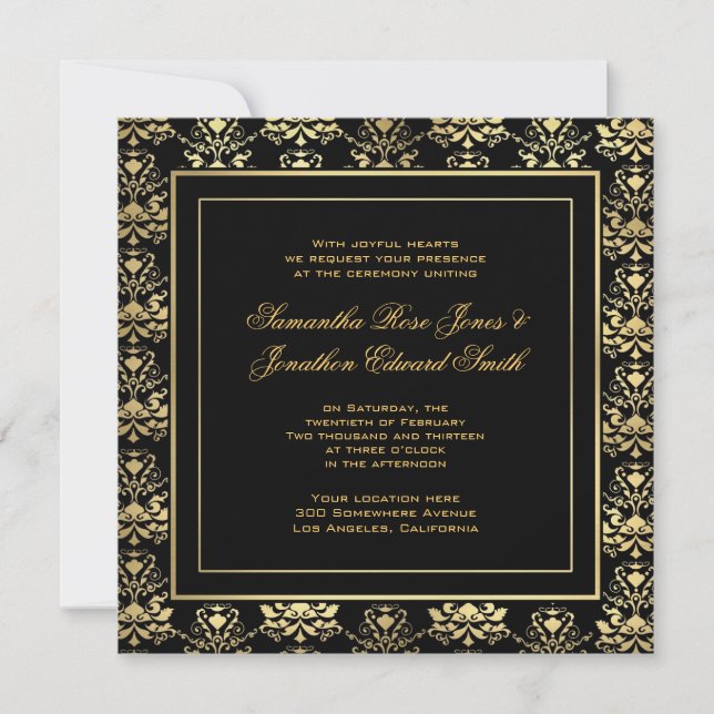 Black & Gold Damask Wedding Invitation (Front)