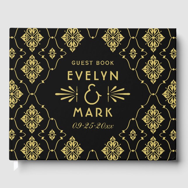 Black Gold Damask Wedding Monogram Guest Book (Front)