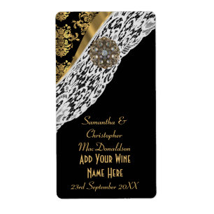Black gold damask white lace wedding wine bottle label