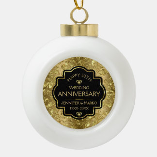 Black & Gold Damasks 50th Wedding Anniversary Ceramic Ball Christmas Ornament