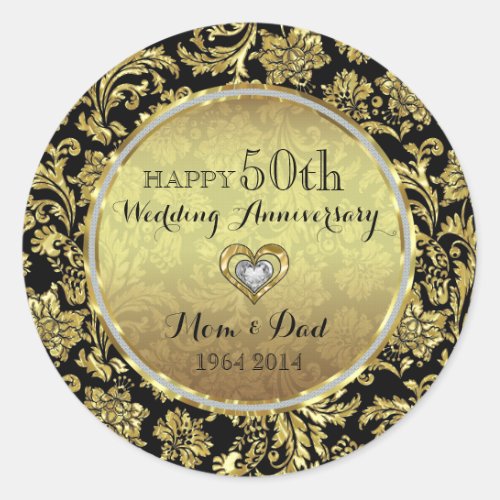 Black  Gold Damasks 50th Wedding Anniversary Classic Round Sticker