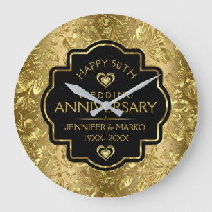 Black & Gold Damasks 50th Wedding Anniversary Large Clock