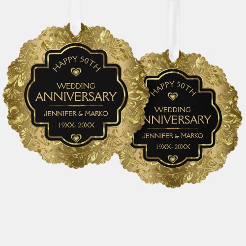 Black  Gold Damasks 50th Wedding Anniversary Ornament Card