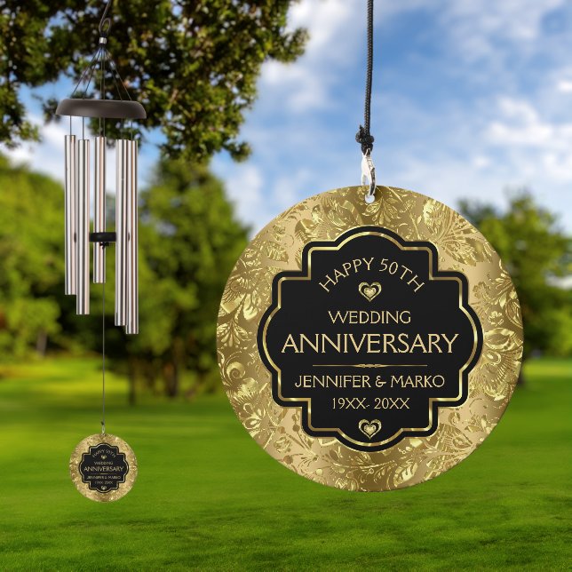 Black & Gold Damasks 50th Wedding Anniversary Wind Chime (Outdoor)