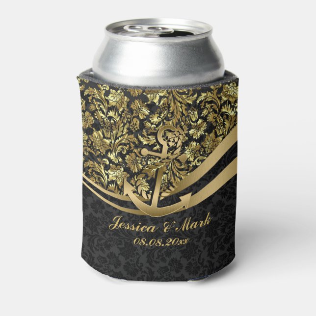 Black & Gold Damasks With Nautical Anchor Can Cooler (Can Back)