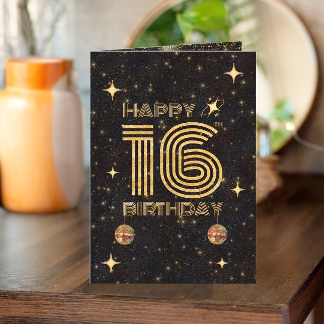 Black Gold Dancing Disco Ball 16th Happy Birthday Card (Creator Uploaded)