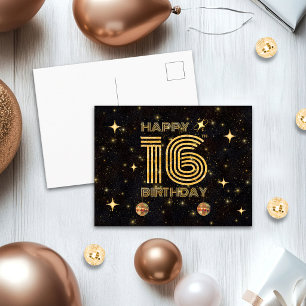 Black Gold Dancing Disco Ball 16th Happy Birthday Postcard