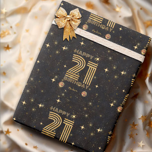 Black Gold Dancing Disco Ball 21st Happy Birthday Wrapping Paper