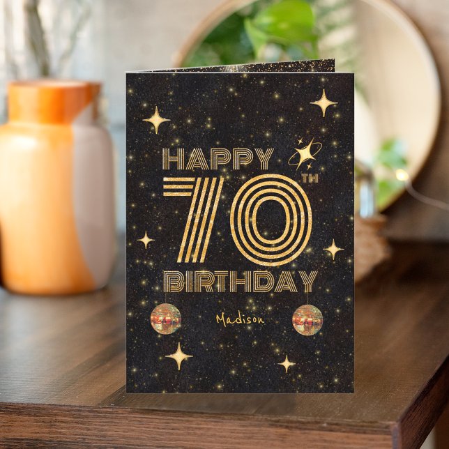Black Gold Dancing Disco Ball 70th Happy Birthday Card (Creator Uploaded)