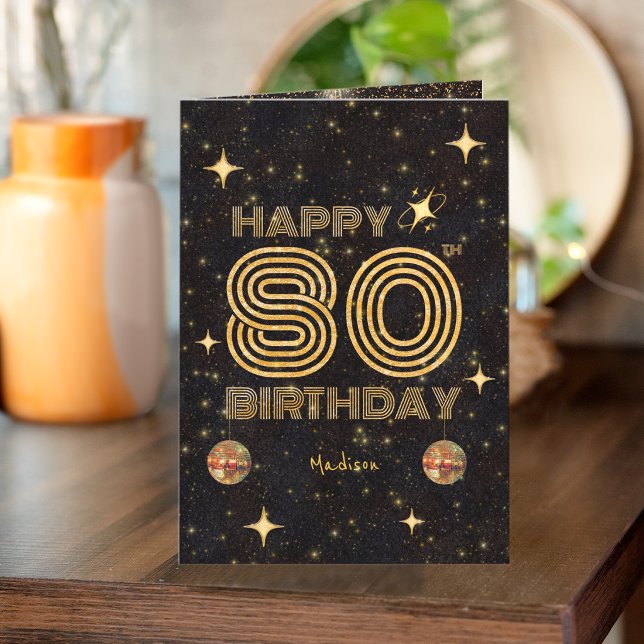 Black Gold Dancing Disco Ball 80th Happy Birthday Card (Creator Uploaded)