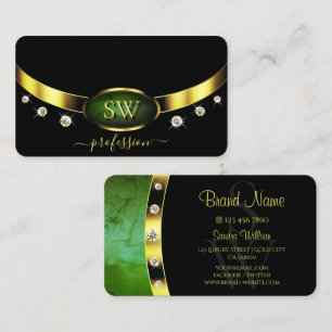 Black Gold Dark Green Marble Initials and Diamonds Business Card