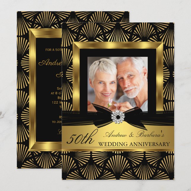 Black Gold Deco Photo 50th Wedding Anniversary Invitation (Front/Back)