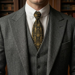 Black Gold Deco Sunburst Fan Neck Tie