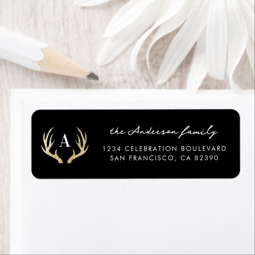 Black  Gold Deer Antlers Christmas Return Address Label