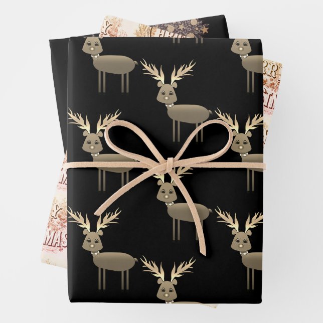 Black  Gold Deer Christmas Trees Wrapping Paper Sheets (In situ)