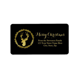 Black Gold Deer Wreath Christmas Address Label