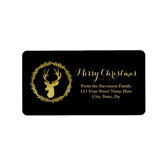 Black Gold Deer Wreath Christmas Address Label (Front)
