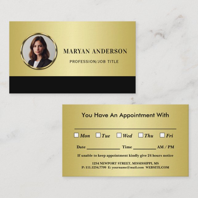 Black & gold design, Logo or Photo in gold circle, Appointment Card (Front/Back)