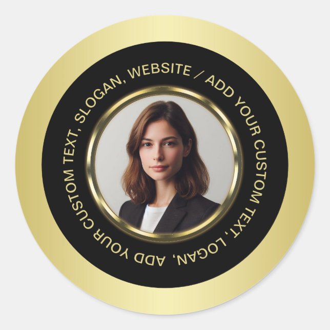 Black & gold design, Logo or Photo in gold circle, Classic Round Sticker (Front)