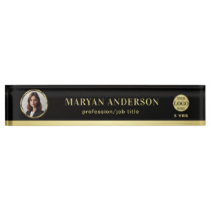 Black & gold design, Logo or Photo in gold circle, Desk Name Plate