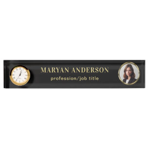 Black & gold design, Logo or Photo in gold circle, Desk Name Plate