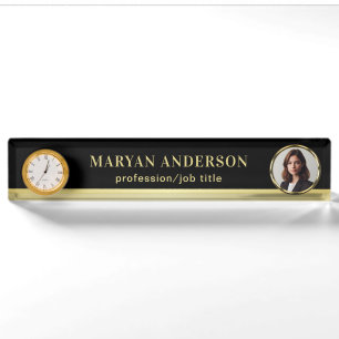 Black & gold design, Logo or Photo in gold circle, Desk Name Plate