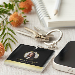 Black & gold design, Logo or Photo in gold circle, Keychain