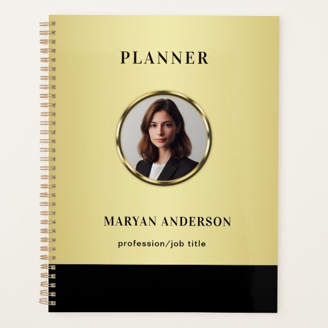 Black & gold design, Logo or Photo in gold circle, Planner (Front)